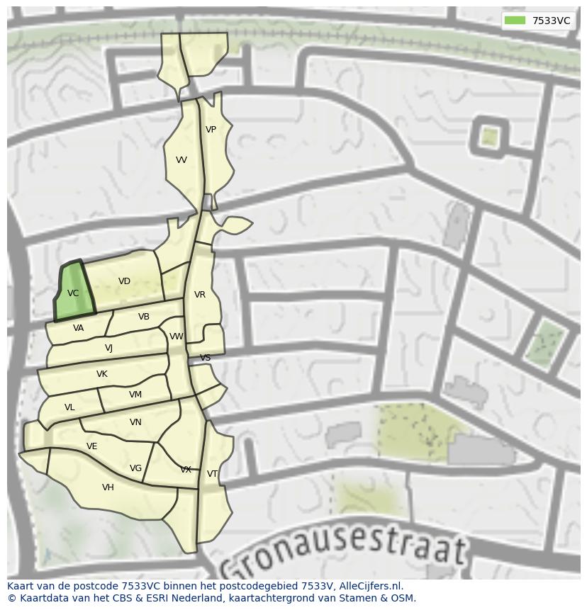 Afbeelding van het postcodegebied 7533 VC op de kaart.