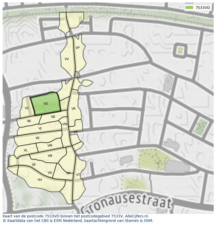 Afbeelding van het postcodegebied 7533 VD op de kaart.