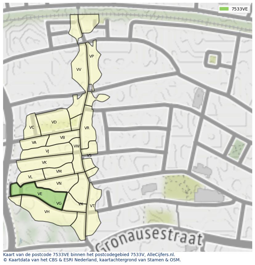 Afbeelding van het postcodegebied 7533 VE op de kaart.