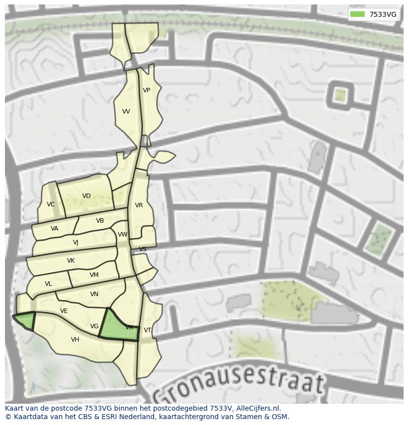 Afbeelding van het postcodegebied 7533 VG op de kaart.