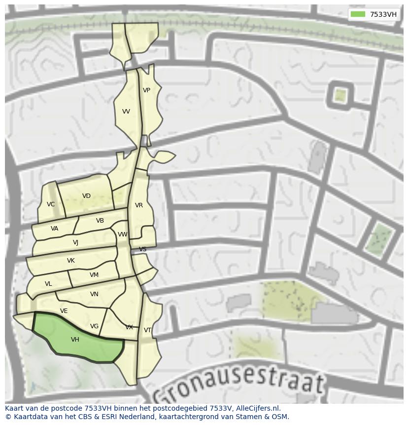 Afbeelding van het postcodegebied 7533 VH op de kaart.