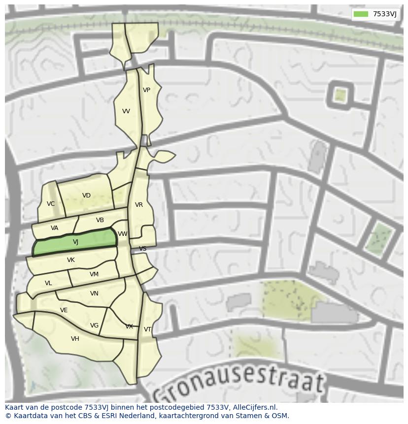 Afbeelding van het postcodegebied 7533 VJ op de kaart.