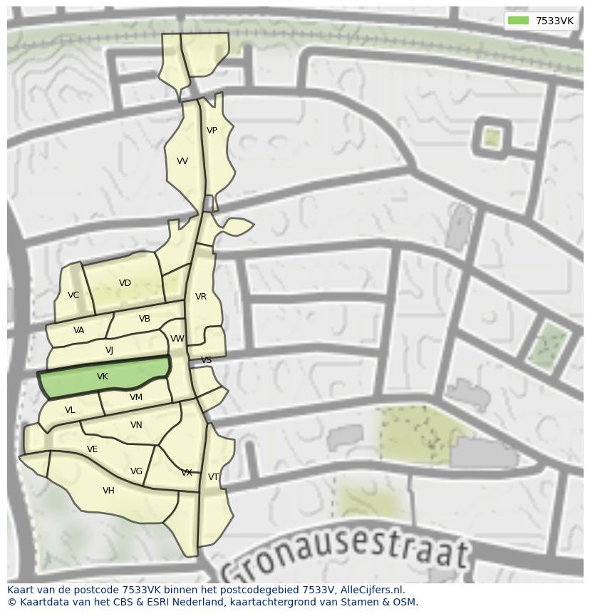Afbeelding van het postcodegebied 7533 VK op de kaart.
