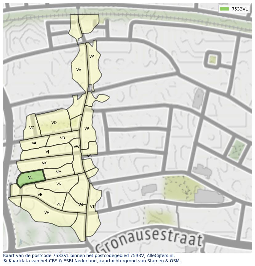 Afbeelding van het postcodegebied 7533 VL op de kaart.