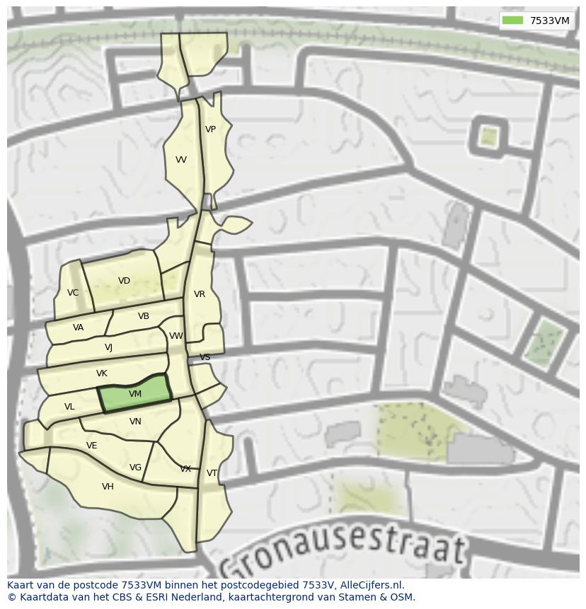 Afbeelding van het postcodegebied 7533 VM op de kaart.
