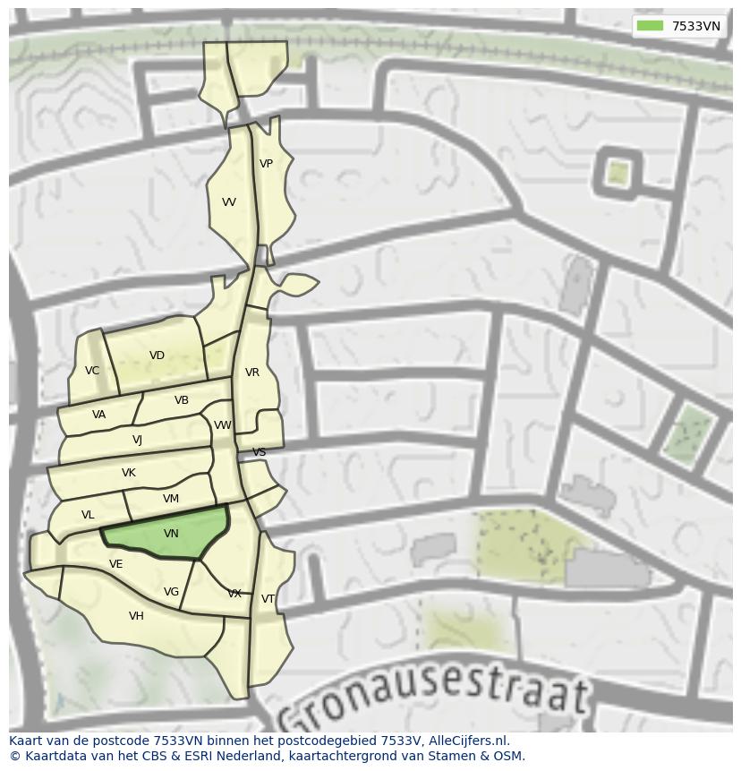 Afbeelding van het postcodegebied 7533 VN op de kaart.
