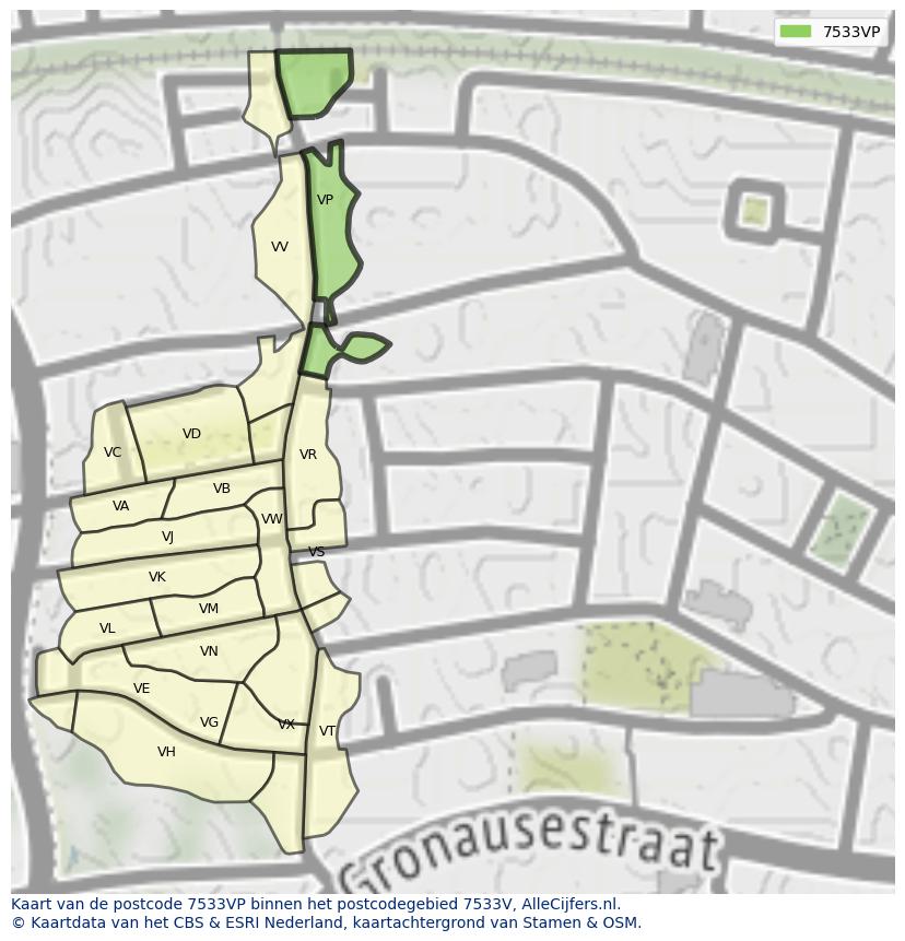 Afbeelding van het postcodegebied 7533 VP op de kaart.