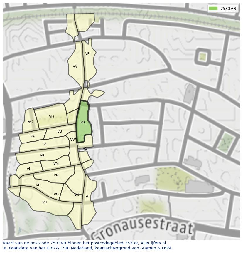 Afbeelding van het postcodegebied 7533 VR op de kaart.