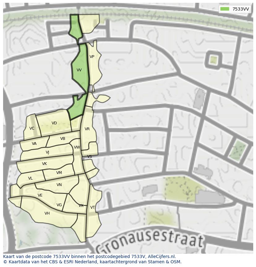 Afbeelding van het postcodegebied 7533 VV op de kaart.