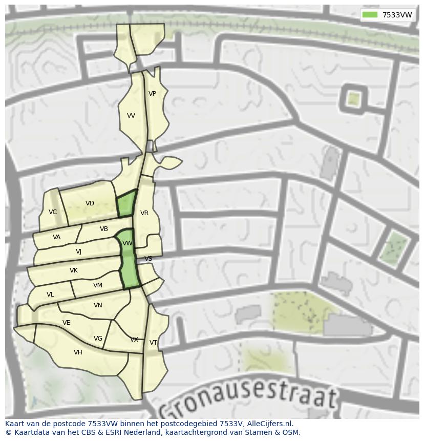 Afbeelding van het postcodegebied 7533 VW op de kaart.