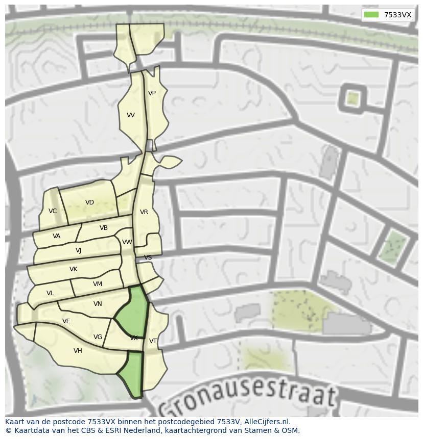 Afbeelding van het postcodegebied 7533 VX op de kaart.