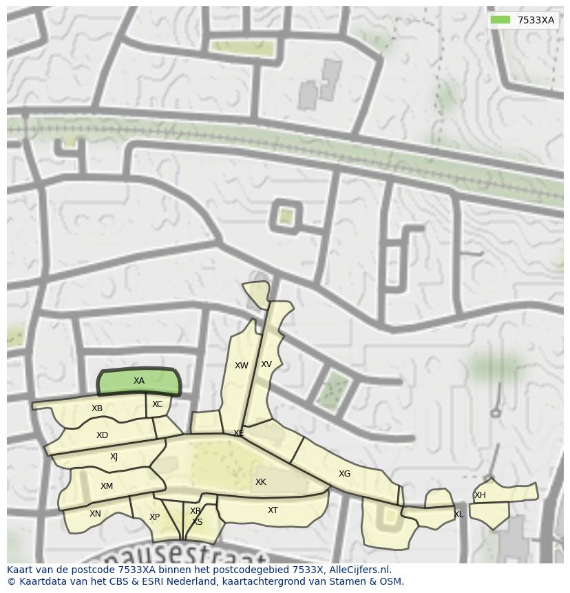 Afbeelding van het postcodegebied 7533 XA op de kaart.