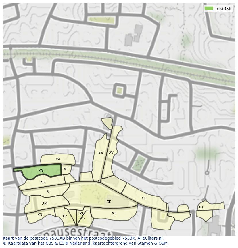 Afbeelding van het postcodegebied 7533 XB op de kaart.