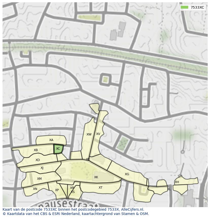 Afbeelding van het postcodegebied 7533 XC op de kaart.