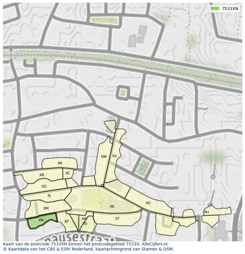 Afbeelding van het postcodegebied 7533 XN op de kaart.
