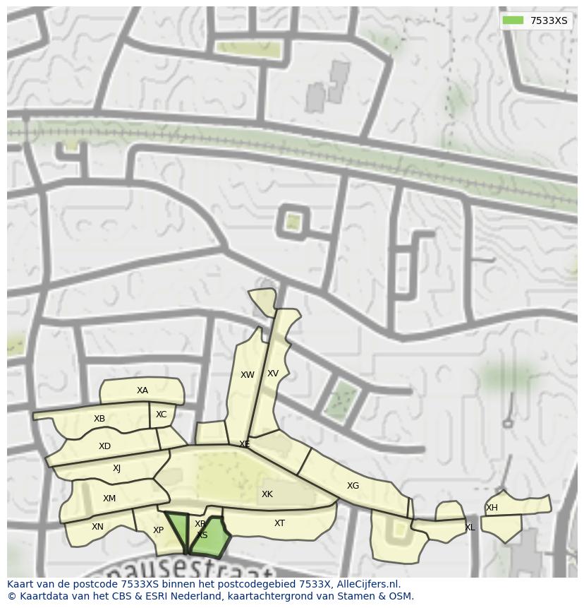 Afbeelding van het postcodegebied 7533 XS op de kaart.