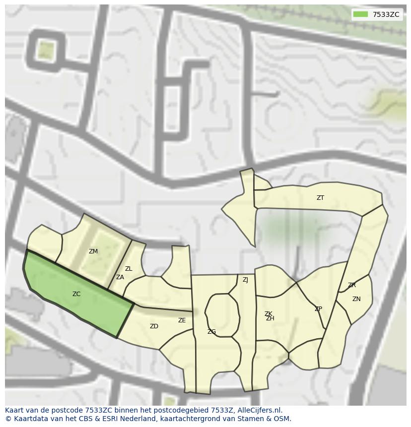 Afbeelding van het postcodegebied 7533 ZC op de kaart.