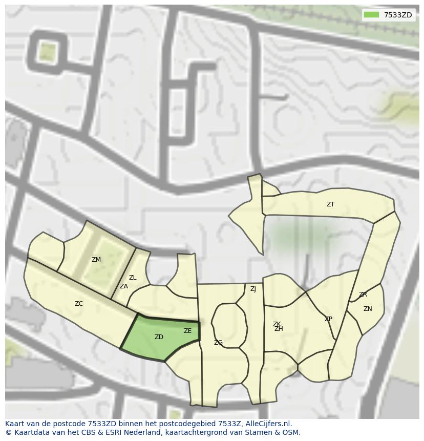 Afbeelding van het postcodegebied 7533 ZD op de kaart.