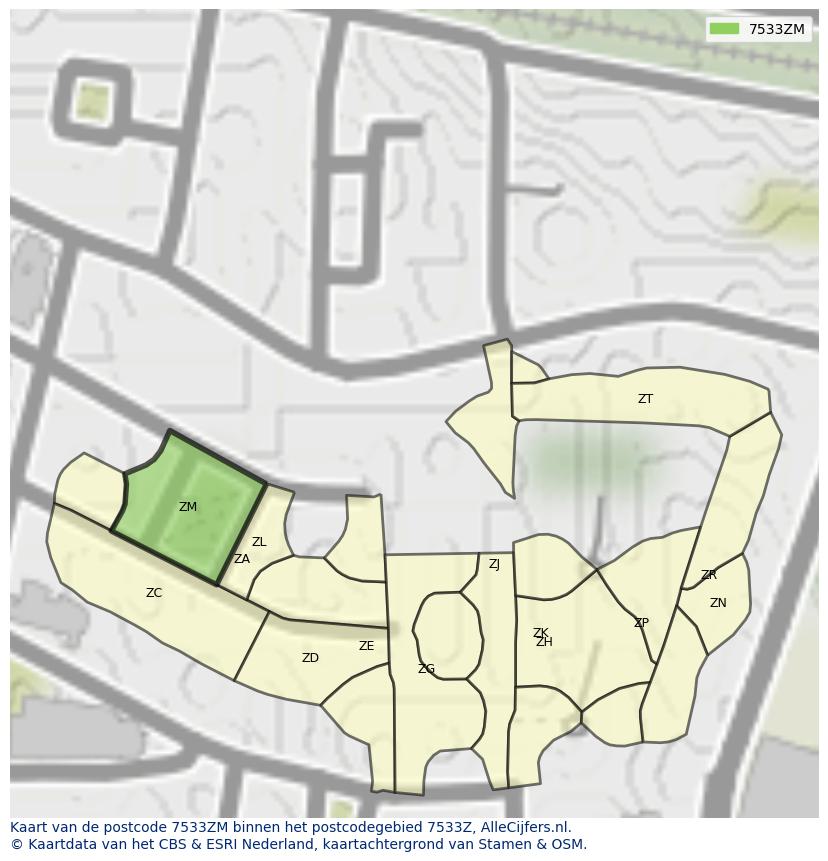 Afbeelding van het postcodegebied 7533 ZM op de kaart.