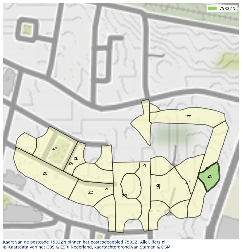 Afbeelding van het postcodegebied 7533 ZN op de kaart.