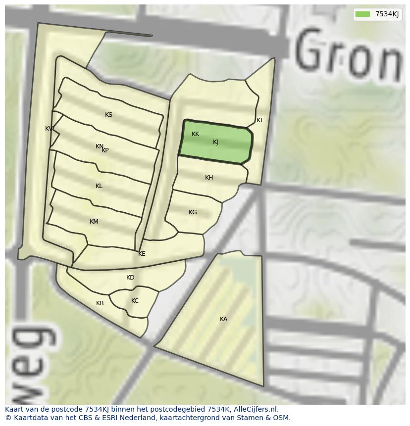 Afbeelding van het postcodegebied 7534 KJ op de kaart.