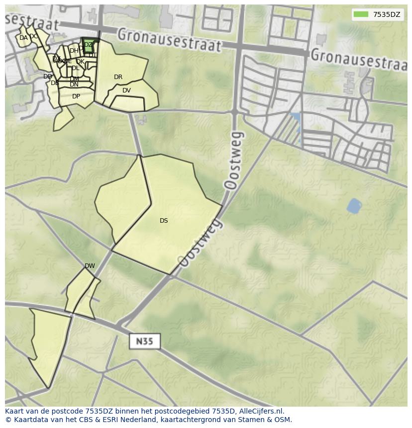 Afbeelding van het postcodegebied 7535 DZ op de kaart.