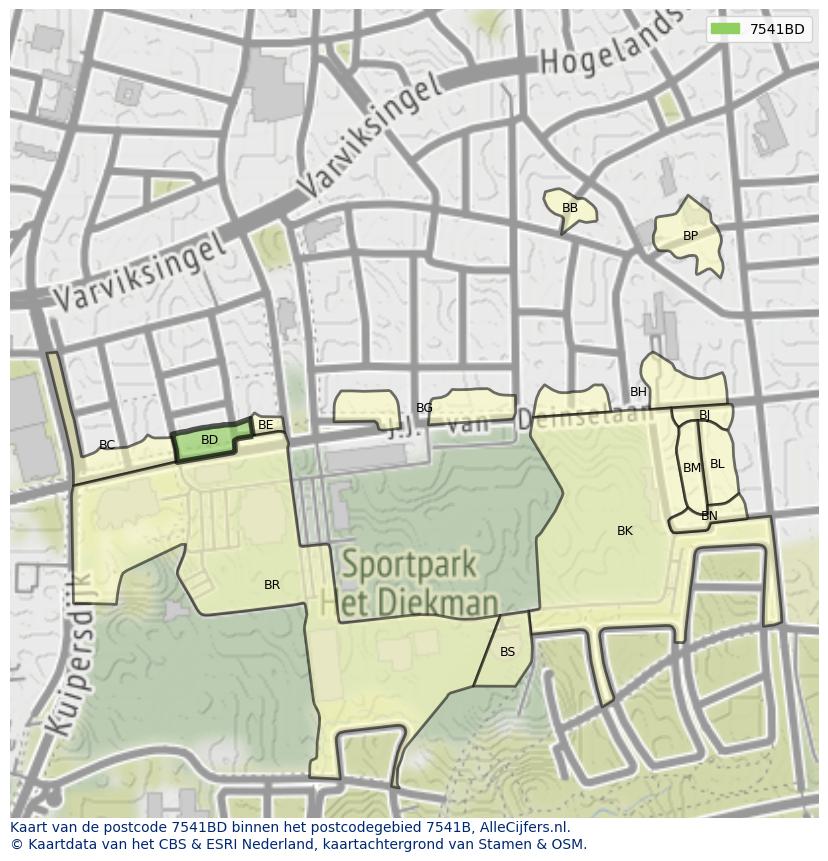 Afbeelding van het postcodegebied 7541 BD op de kaart.