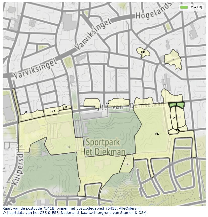 Afbeelding van het postcodegebied 7541 BJ op de kaart.
