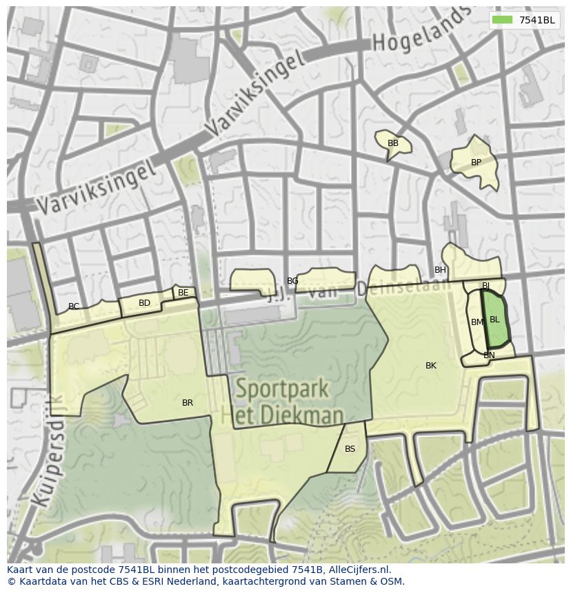 Afbeelding van het postcodegebied 7541 BL op de kaart.
