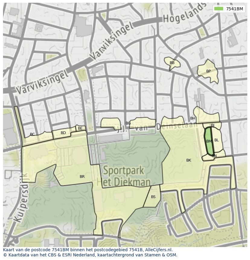 Afbeelding van het postcodegebied 7541 BM op de kaart.