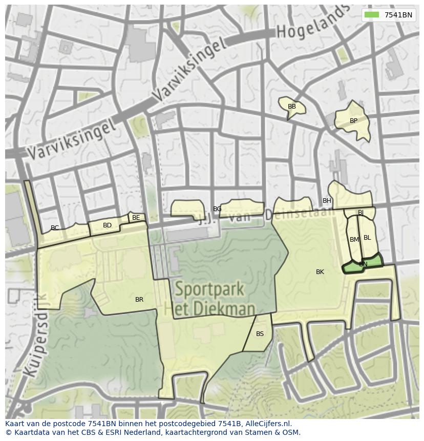 Afbeelding van het postcodegebied 7541 BN op de kaart.