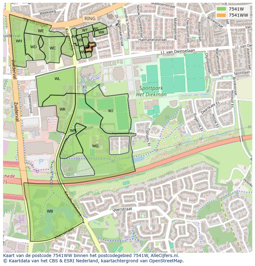 Afbeelding van het postcodegebied 7541 WW op de kaart.