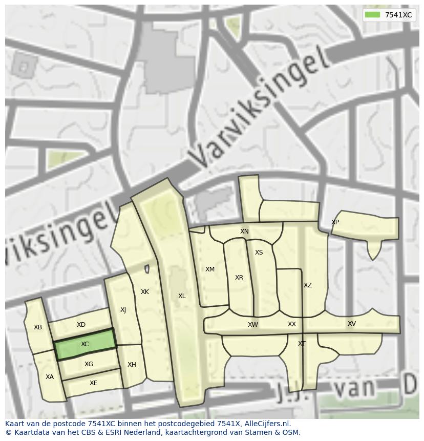 Afbeelding van het postcodegebied 7541 XC op de kaart.