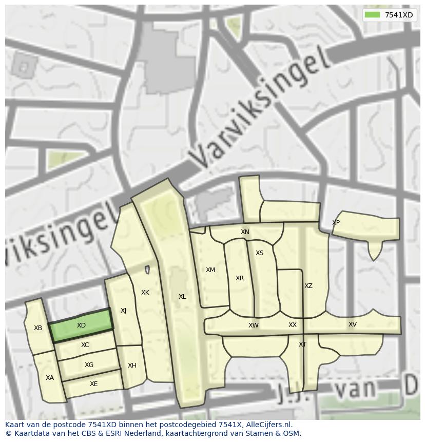 Afbeelding van het postcodegebied 7541 XD op de kaart.