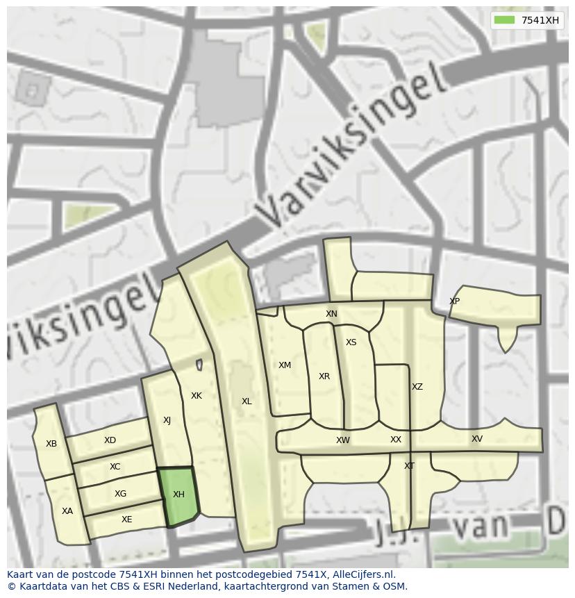 Afbeelding van het postcodegebied 7541 XH op de kaart.