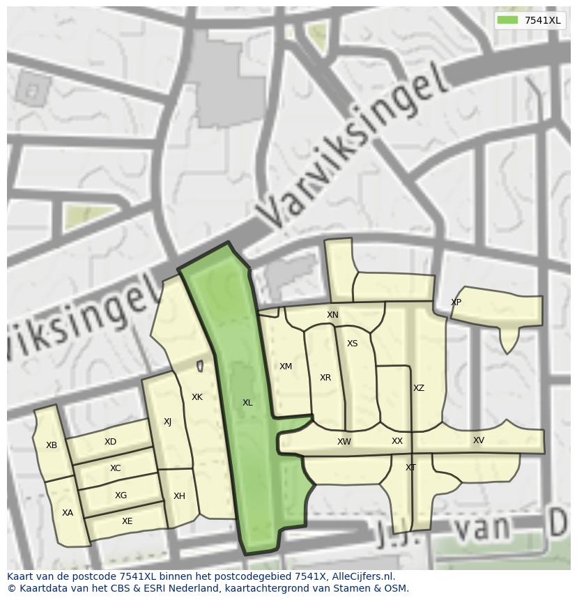 Afbeelding van het postcodegebied 7541 XL op de kaart.