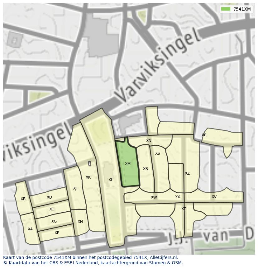 Afbeelding van het postcodegebied 7541 XM op de kaart.