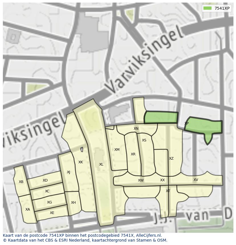 Afbeelding van het postcodegebied 7541 XP op de kaart.