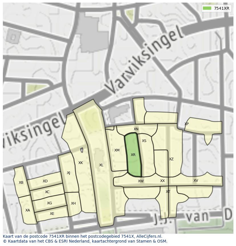 Afbeelding van het postcodegebied 7541 XR op de kaart.