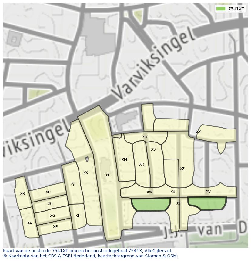 Afbeelding van het postcodegebied 7541 XT op de kaart.