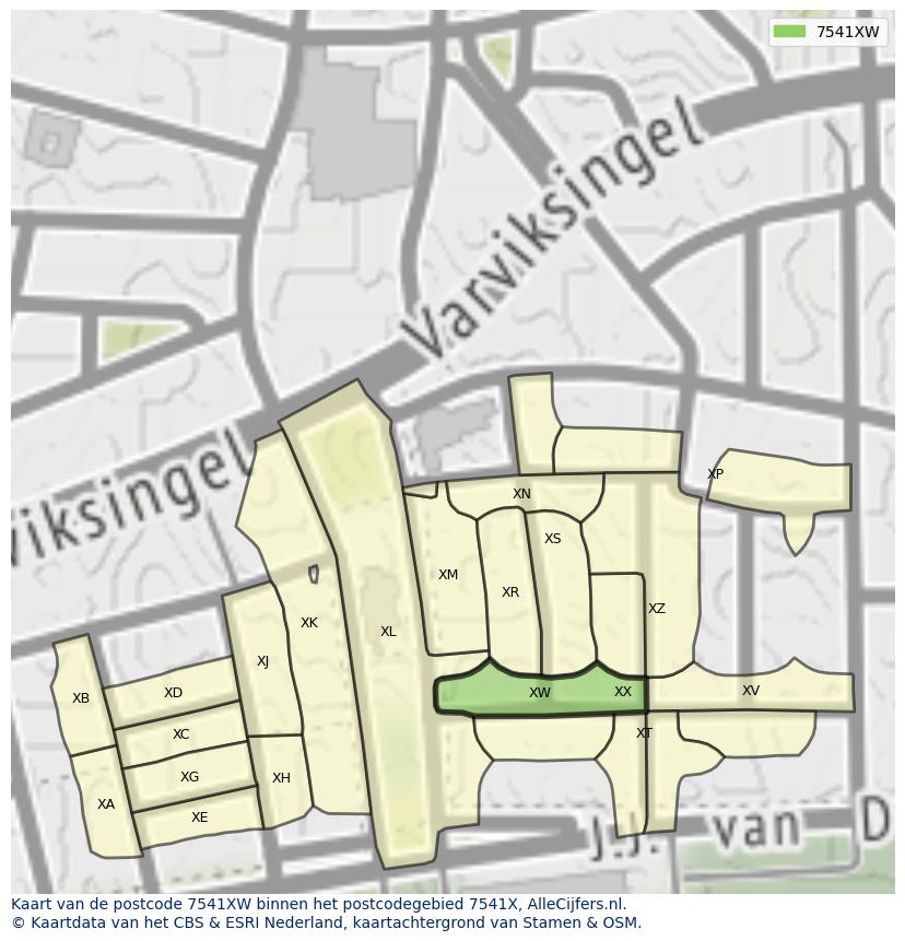 Afbeelding van het postcodegebied 7541 XW op de kaart.