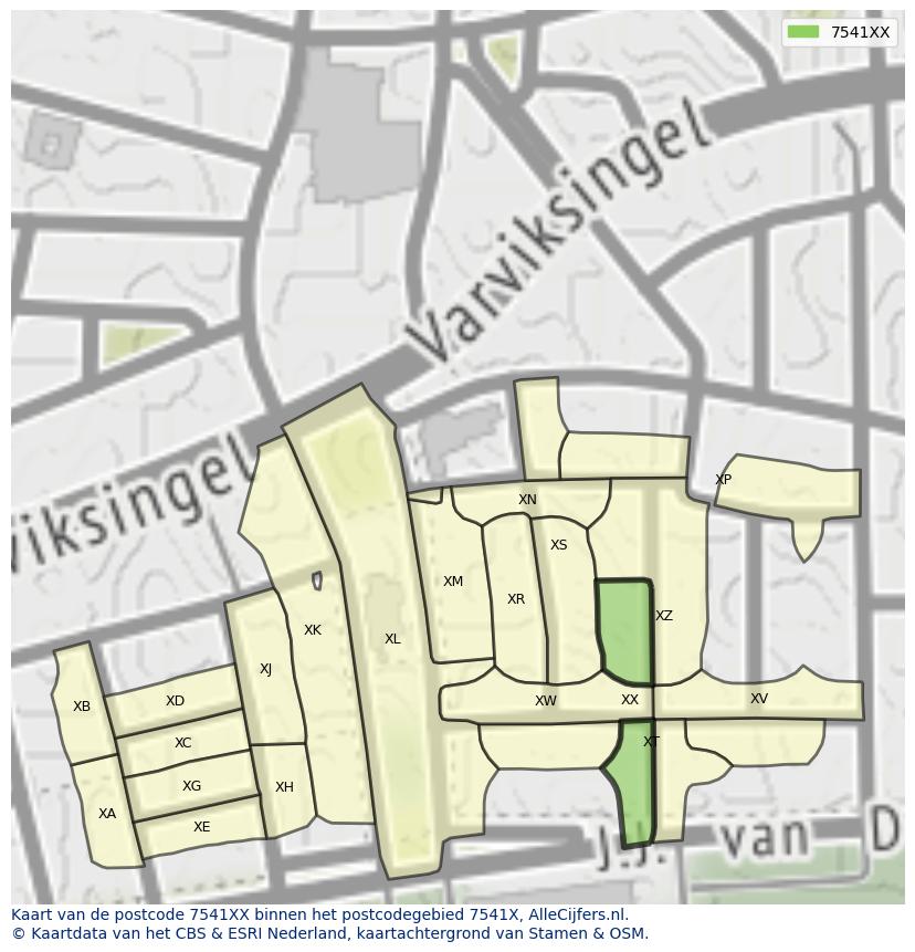 Afbeelding van het postcodegebied 7541 XX op de kaart.