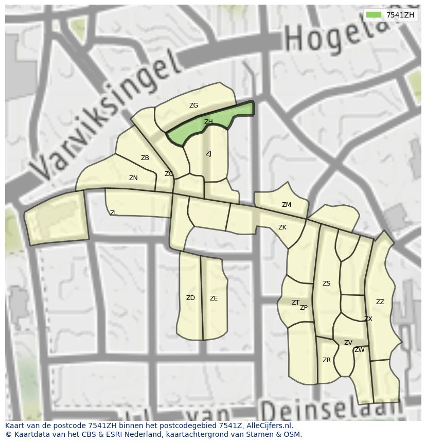 Afbeelding van het postcodegebied 7541 ZH op de kaart.