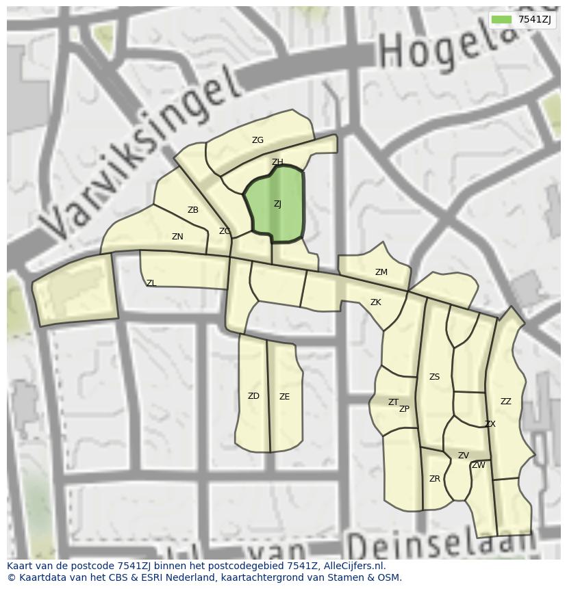 Afbeelding van het postcodegebied 7541 ZJ op de kaart.