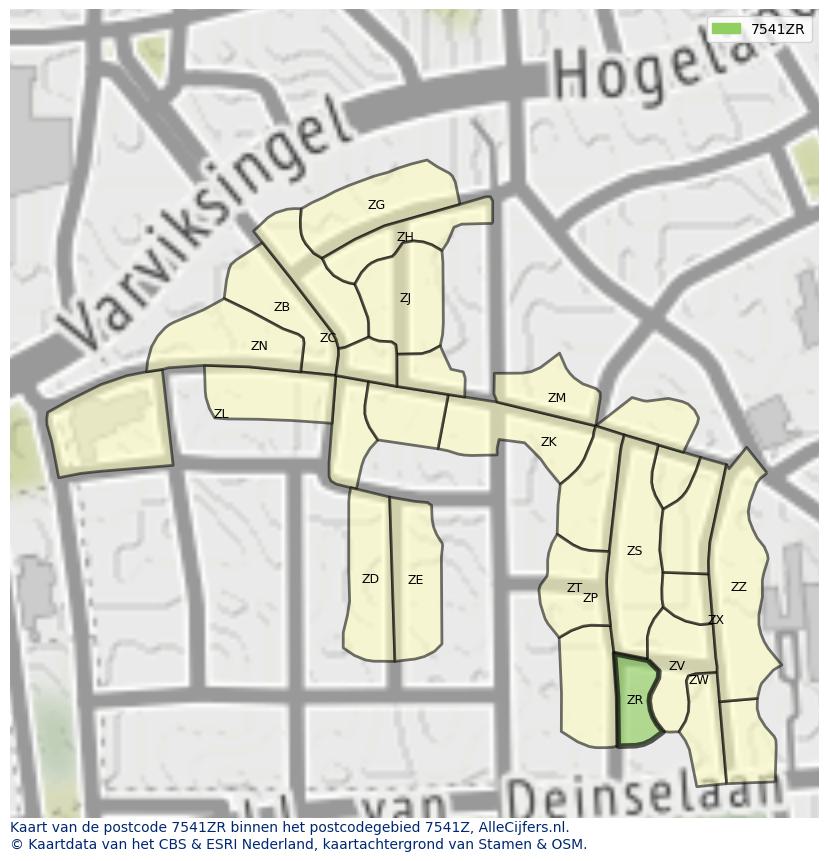 Afbeelding van het postcodegebied 7541 ZR op de kaart.