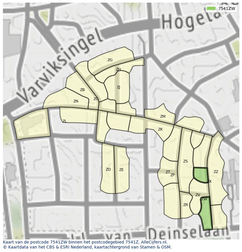 Afbeelding van het postcodegebied 7541 ZW op de kaart.