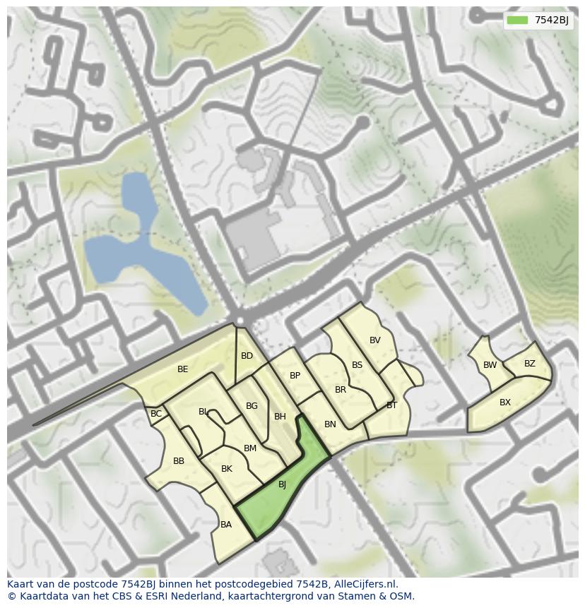Afbeelding van het postcodegebied 7542 BJ op de kaart.
