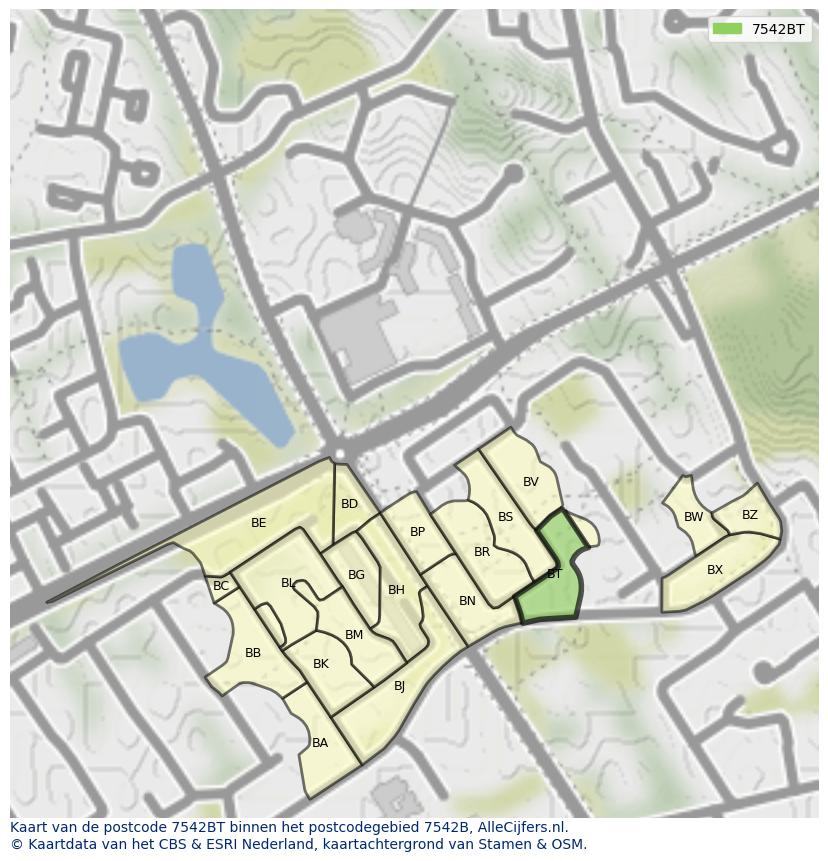 Afbeelding van het postcodegebied 7542 BT op de kaart.