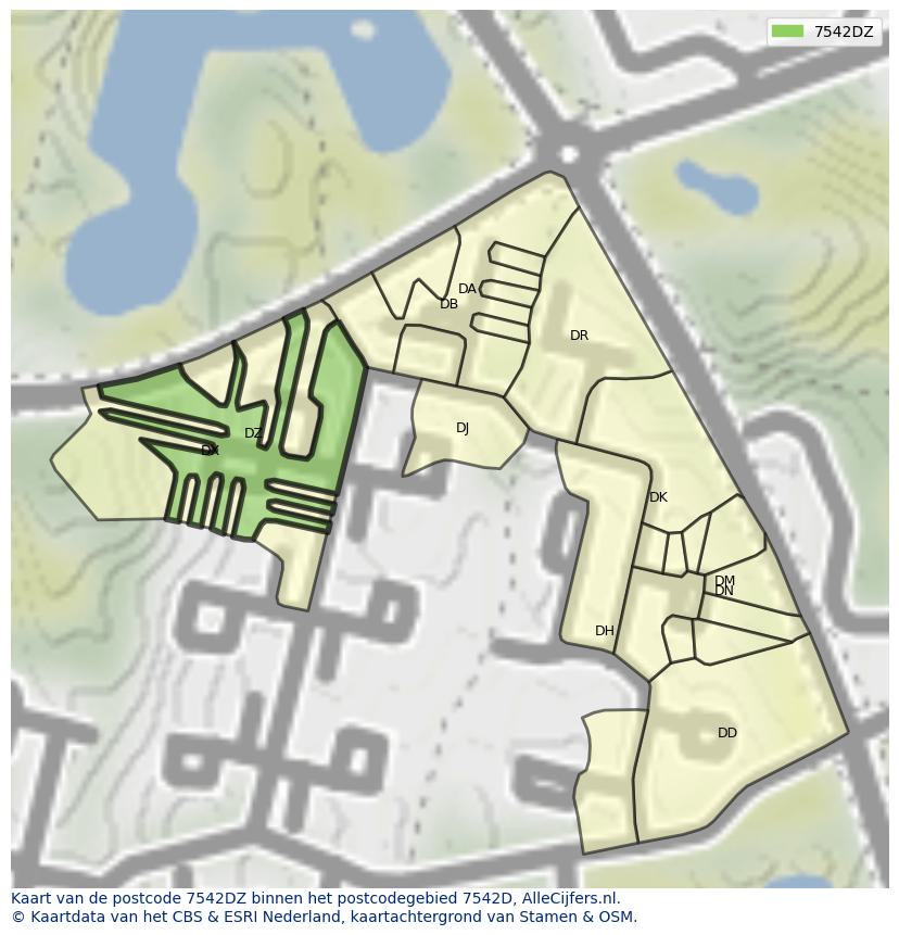 Afbeelding van het postcodegebied 7542 DZ op de kaart.