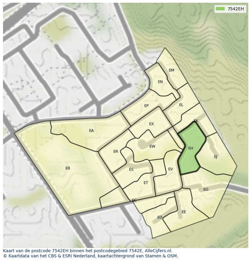 Afbeelding van het postcodegebied 7542 EH op de kaart.